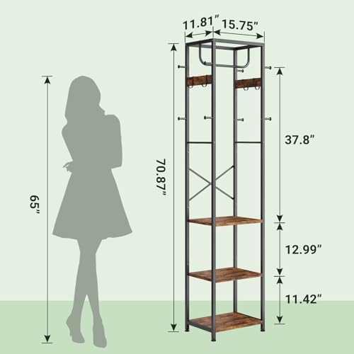 Coat Rack Freestanding, Hall Tree with 3 Shelves and 12 Hooks, Rustic Brown - Image 3