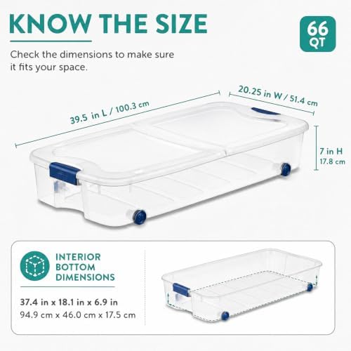 66 Quart Underbed Storage Bin with Wheels & Clear Lid，Flat Plastic Box - Image 2