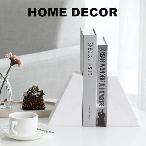 Karibiber Marble Bookends for Heavy Books, Decorative Book Ends for Shelves, White Stone Durable and Heavy-Duty Book Ends for Hardback Books & CDS, Unique Book Stopper & Holder, Set of 2 - Image 4