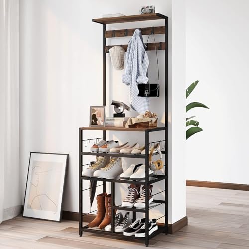 GiftGo Vintage Large 5-Tier Hall Tree with Console Table Entryway Coat Rack Floor Standing Shoes Rack Storage Shelf Organizer for Home Office Bedroom (Rustic Brown) by GiftGoDirect
