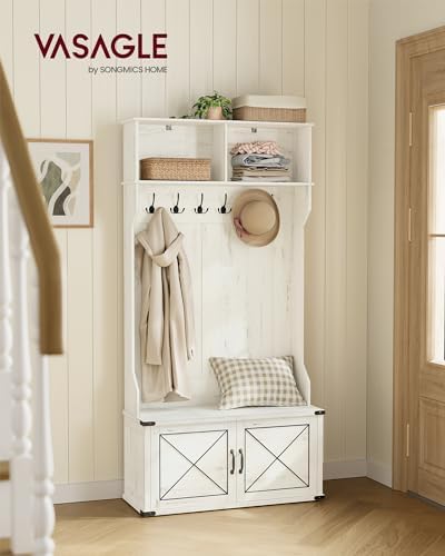 VASAGLE Hall Tree with Bench and Shoe Storage, 6 Tri-Hooks, 2 Doors - Image 2