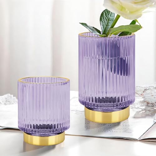 DASITON Makeup Brush holder Organizer,Crystal Cosmetic Makeup Brush Glass Brushes Storage Holder, Vintage Make Up Brush Cup Pen Pencil Holder striped vase(Purple S+L) - Image 2