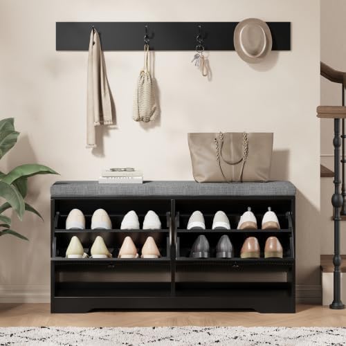 Halitaa Entryway Bench with Shoe Storage and Coat Rack, Fluted Storage Bench with Cushioned Seat and 2-Tier Flip-Drawer Shoe Cabinet, Shoe Bench for Hallway Mudroom Bedroom,Black - Image 4