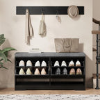 Halitaa Entryway Bench with Shoe Storage and Coat Rack, Fluted Storage Bench with Cushioned Seat and 2-Tier Flip-Drawer Shoe Cabinet, Shoe Bench for Hallway Mudroom Bedroom,Black - Image 4