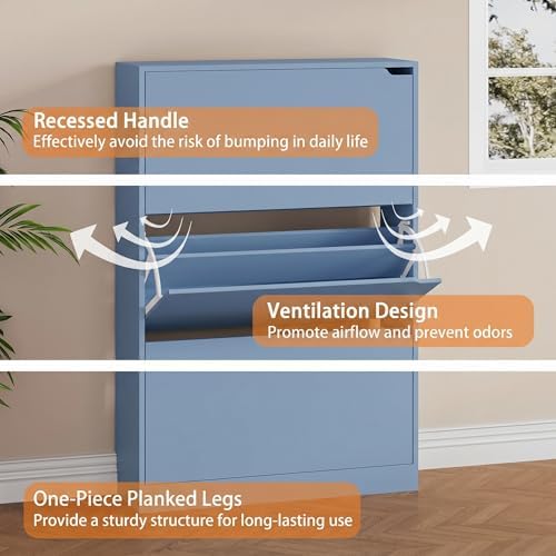 Shoe Storage Cabinet, Wood Shoe Organizer for Entryway with 3 Flip Drawers, Freestanding Shoe Rack with Adjustable Shelf, Narrow Shoe Dresser for Front Door Entrance (Blue, Standard 3 Drawers) - Image 7