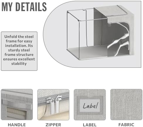 4 Pack Clothes Storage Bins with Metal Frame - 36L Stackable Storage Box with Lid，Foldable Storage Container Organizer for Clothes，Linen Fabric Storage Box with Clear Window＆Zippers＆Handles - Image 3