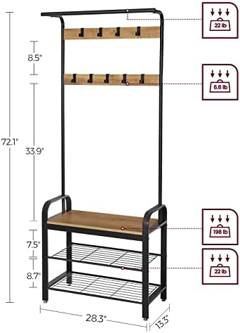 VASAGLE Coat Rack, Hall Tree with Shoe Bench, 4-in-1, 9 Removable Hooks - Image 5