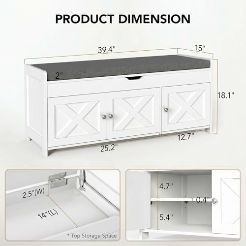 Marsail Shoe Storage Bench with Seating, Farmhouse Entryway Bench with Shoe Storage and Cushion, Under Window Benches Wooden Ottoman for Bedroom, Entry Way, Living Room, White - Image 2
