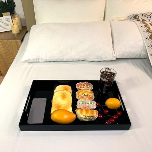 Glossy Black Sturdy Acrylic Serving Tray with Handles-12x20Inch-Serving Coffee,Appetizer,Breakfast,Butler-Kitchen Countertop Makeup Drawer Organizer-Vanity Table Ottoman Decorative Tray - Image 4