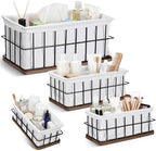 4 Pack Metal Basket with Liner Wooden Bottom Bathroom Baskets Organizer Multiple Sizes Wire Storage Rustic Farmhouse Decor for Home Kitchen Toilet Cabinets Pantry Laundry Room by Otoolling