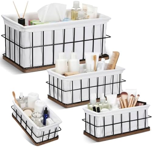 4 Pack Metal Basket with Liner Wooden Bottom Bathroom Baskets Organizer Multiple Sizes Wire Storage Rustic Farmhouse Decor for Home Kitchen Toilet Cabinets Pantry Laundry Room by Otoolling