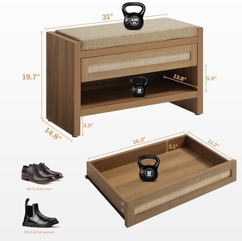 SICOTAS Rattan Shoe Bench Entryway Bench with Storage Drawer, Linen Cushion - Image 3