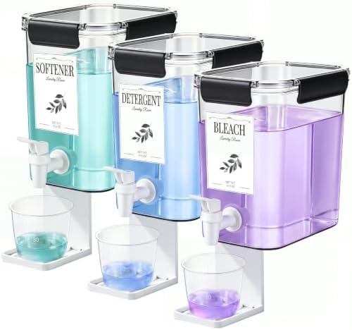 Soaoo 3 Set 67.6 oz Liquid Laundry Detergent Dispenser with Faucet and Cup Holder Labels Plastic Fabric Softener Container Detergent Drip Catcher for Laundry Room Washing Soap by Soaoo