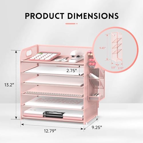 Supeasy 6 Tier Desk Organizer with 4 Pen Holders & Mesh Paper Trays Pink - Image 5