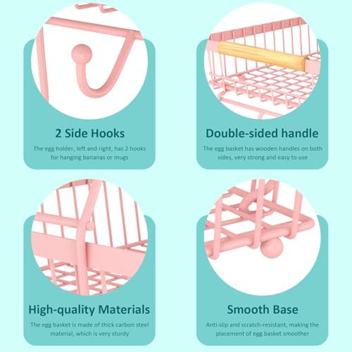3 Tier Fruit Basket for Kitchen Counter with 2 Banana Hangers, Countertop Metal Fruit Bowl with Wooden Handle, Large Storage Stand for Vegetables, Snacks, Breads, Produce Storage – Pink - Image 5