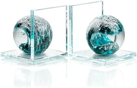 Glass Book Ends for Shelves, Dark Blue Hand Blown Sea Wave Ball, Set of 2 by Ornalrist