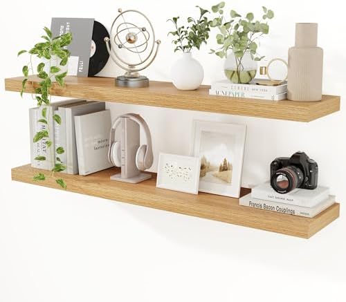 Floating Shelves for Wall, 48 inch Oak Long Wall Shelves Set of 2 by Feihorrm