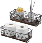 MyGift 2 Piece Wall Mounted Black Geometric Metal Nesting Storage Basket with Rustic Solid Burnt Wood Base, Small Tabletop Decorative Metal Wire Bins with Handles by MyGiftHome