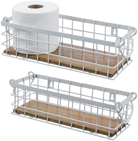 MyGift 13 and 12 Inch Nesting Storage Baskets with Handles, Wall Mounted or Tabletop White Metal Wire and Premium Acacia Wood Decorative Shelf Organizer Bins, 2 Piece Set - Image 4