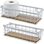 MyGift 13 and 12 Inch Nesting Storage Baskets with Handles, Wall Mounted or Tabletop White Metal Wire and Premium Acacia Wood Decorative Shelf Organizer Bins, 2 Piece Set - Image 4