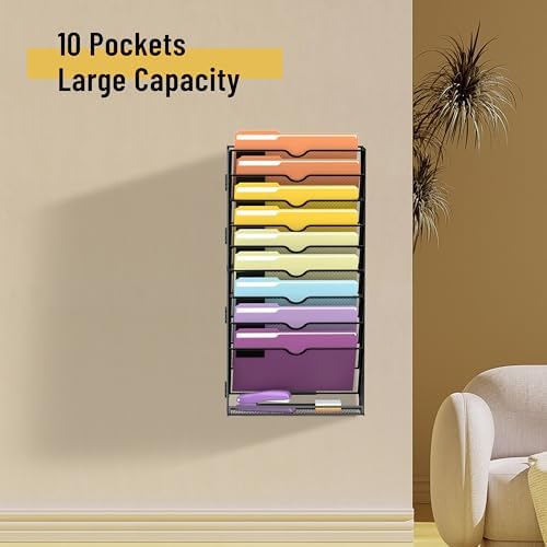 SUPEASY 10Tier Hanging Wall File Holder Organizer for Papers, Folders, Files Clipboard & Magazine Organization Great for Office Home, Assembly Needed, Black - Image 2