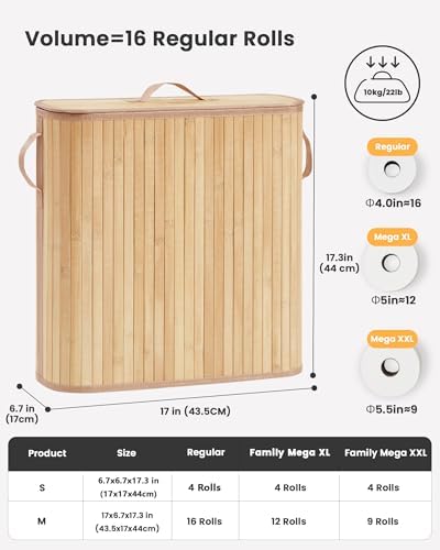 Bamboo Toilet Paper Storage Basket with Lid & Handle - 32L Large Capacity Handwoven Bathroom Organizer for 16 Rolls - Sturdy Stand Holder for Toilet Paper Organization, Natural - Image 3