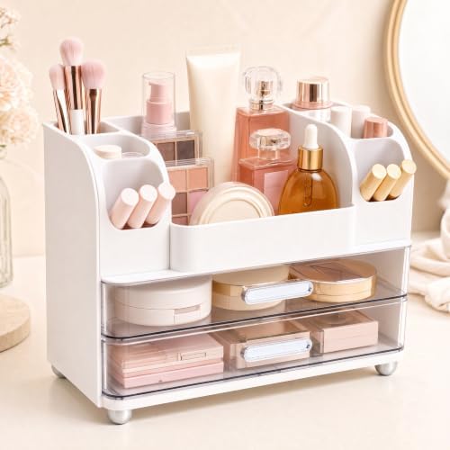 Makeup Organizer for Vanity with Brush Holder, Countertop Bathroom Cosmetic Organizer Skin Care Storage, Large Easy to Store Lipsticks, Nail Polishes, Perfumes, Eyeshadow Palettes (White) by Unknown