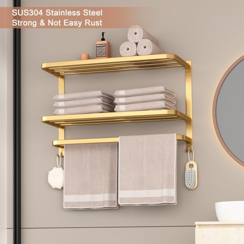 23 Inch 3-Tier Gold Towel Racks for Bathroom with Towel Bars Multilayer Hotel Towel Shelf Stainless Steel Wall-Mounted Brushed Finish Holder with Towel Shelves - Image 5