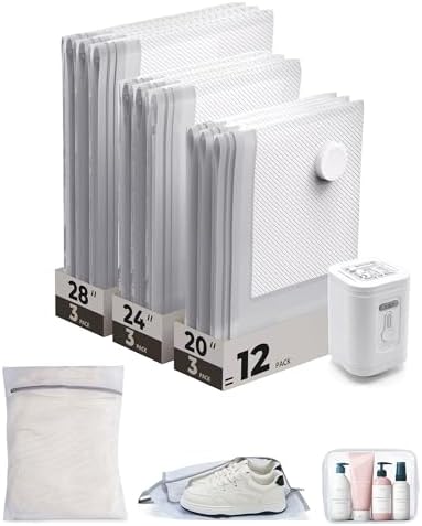 BAGSMART Vacuum Seal Storage Bags for Clothing Travel, 12 Pack Travel Essentials Bundle includes Laundry Bag & Waterproof Shoe Bag & TSA Approved Toiletry Bag, Hand Pump Included by BAGSMART