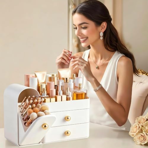 HBlife Makeup Organizer Countertop with Drawers, Vanity Organizers with Brush Holder, Bathroom Counter Organizer for Perfume, Nail Polishes, Lipsticks, Skincare and Eyeshadow Palettes, White - Image 6