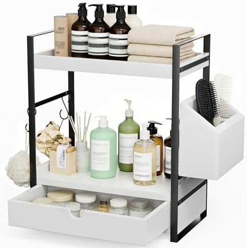 Kottwca 2-Tier Bathroom Counter Organizer with Drawer, Basket & Hooks, Wooden Vanity Shelf for Skincare, Perfume & Makeup Storage(White) by Kottwca