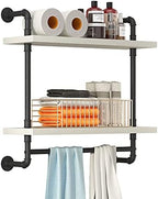 Helsin 24inch Industrial Pipe Shelving Bathroom Shelves Wall Mounted with Towel bar, 2 Tier Rustic Wood Floating Shelf, Metal Towel Rack Wall Shelf for Home & Bathroom (White, 24inch) by Helsin