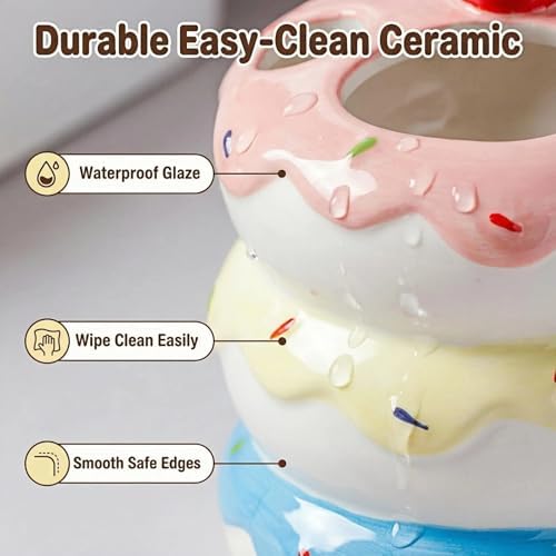 Donut Ceramic Toothbrush Holder, 5-Slot Toothbrush and Toothpaste Holder Cute Toothbrush Holder Set, Bathroom Storage Rack Suitable for Electric Toothbrushes, Toothpaste, Dental Floss (Color Mixing) - Image 4