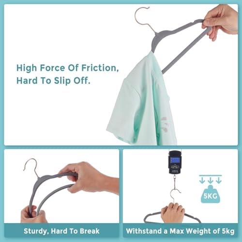 14 Inch Kids Velvet Hangers 50 Pack, Non-Slip Child Hangers, Space-Saving Closet Hangers for Big Kids & Youth, Durable Felt Kids Hangers with 10 Clips & 360° Rose Gold Hook (Gray) - Image 3