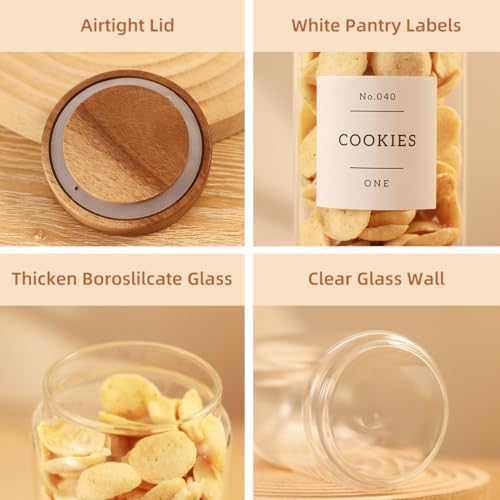 3 Pack Glass Canisters with Airtight Acacia Lids and 132 Kitchen Pantey Labels Preprint - 51 Fl Oz Borosilicate Glass Pantry Storage Jars Containers with Wooden Lids for Pasta,Spaghetti,Cereal,Noodles - Image 5