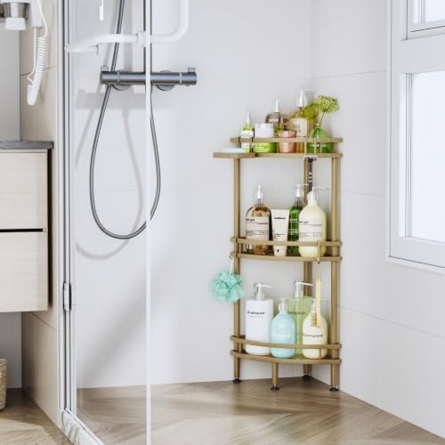 HapiRm Standing Corner Shower Caddy - 3 Tier Shower Organizer Corner with Soap Holder and 4 Hooks, Rustproof Bathroom Storage Shelves with Adhesives, Gold - Image 5