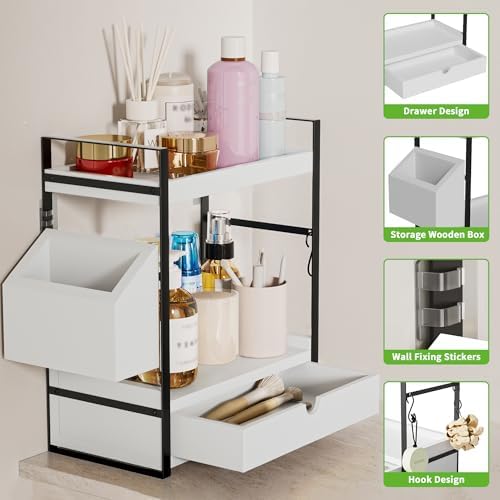 2-Tier Bathroom Counter Organizer, Wooden Vanity Shelf with Drawer & Basket - Image 3