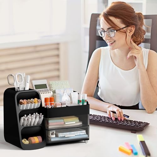 HBlife Desk Organizer with Pen Pencil Holder for Desk, Pen Organizer with 2 Drawers, Desk Organizers and Accessories with 4 Compartments, Desktop Storage for Office Home School Art Supplies, Black - Image 7