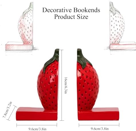 Strawberry Decorative Bookends, Cute Aesthetic Resin Book Ends for Shelves - Image 2
