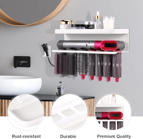 Wall Mount Holder for Dyson Airwrap Styler, White Storage Rack Organizer for Hair Curling Iron and Attachments, No-Drill Installation, NOT compatible with 2x (HS09) - Image 5