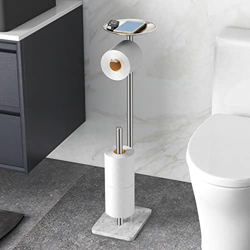 FEILERN Toilet Paper Holder Stand for Bathroom Floor Standing Toilet Roll Dispenser Storages 4 Reserve Rolls, with Top Storage Shelf for Cell Phones, Wipe, Wallet and More(Marble Brush Nickel) by FEILERN