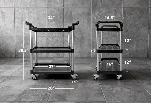 Commercial 3-Shelf Rolling Service Utility Cart | Capacity 390 lbs. | 37" x 34" x 16" | Black - Image 3
