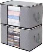Astro Large Capacity Clothes Storage Bags, 2 Pack Foldable Closet Organizers with Handles, Activated Carbon, Breathable Material, Zipper, Clear Window for Blanket Comforter Clothing Bedding, Grey, 90L by ASTROSTORAGE