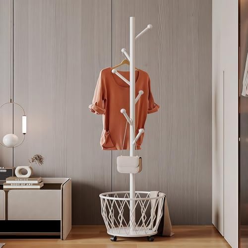 Off-White Moveable Tree Metal Coat Rack with Basket Freestanding 65" - Image 6