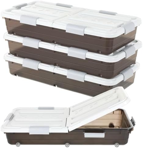 Beeveer 4 Pcs Plastic Under Bed Storage Container 31.5x15.8x5.2inch, Brown by Beeveer