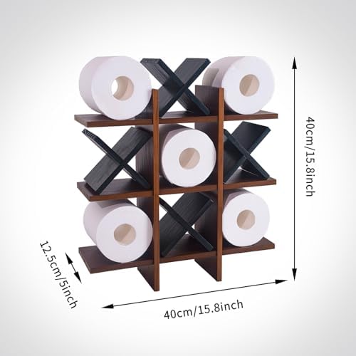 DAOYOUSKY Tic Tac Toe Toilet Paper Holder Stand with 4pcs Wooden X, Farmhouse Rustic Wall Mounted Funny Toilet Papers Storage Organizer with Shelf, Guest Bathroom Decor, Brown and Black - Image 6