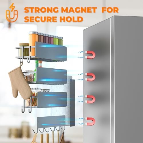 5 Pack Multifunctional Magnetic Shelves for Refrigerator Spice Rack & Washing Machine Organize, Include Paper Towel Holder, Kitchen Utensil Hanger and Hooks, Strong Magnet for Secure Hold (Gray) - Image 4