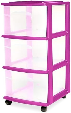 HOMZ Drawer Tower, 3-Tier Storage Cart with Removable Wheels, Purple Frame by Homz