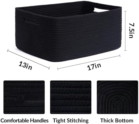 MiniArk Large Storage Baskets for Shelves, 17 x 13 x 7.5” Closet Organizers Bins for Clothes Blanket Towels, Baby Nursery, Toy Baskets Box, Woven Rope Baskets, 2 Packs Black - Image 2