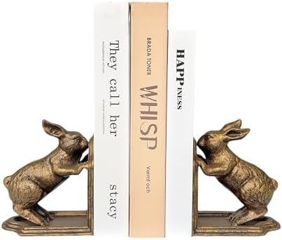 Decorative Bookends Antique Gold Bunny Book Ends, Heavy Duty Cast Iron Book Ends for Shelves,Unique bookends for Heavy Books, Vintage Decor 5.3 lbs by REMENNA